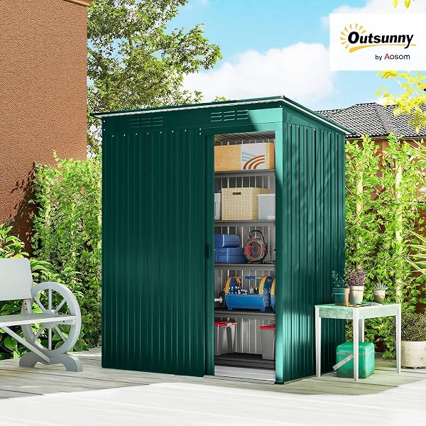 Outsunny Casetta da Giardino 1.37m² in Metallo, Montaggio Facile, Capanno Porta Attrezzi da Giardino con Prese d'Aria, Porta Scorrevole, Tetto Inclinato e Guanti, 159x106x181 cm, Verde - 2