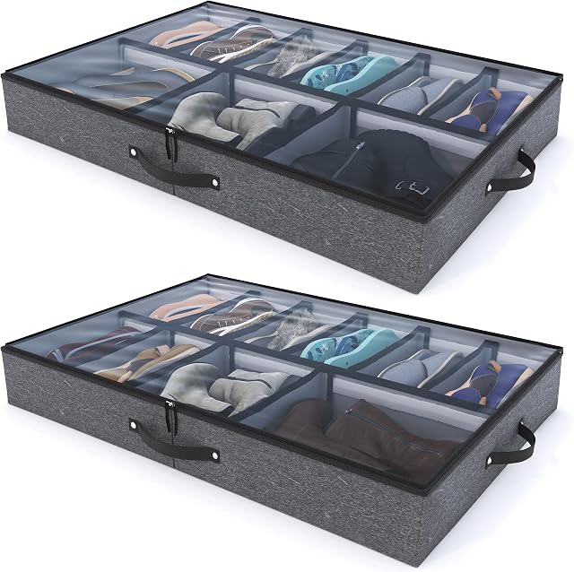 Woffit Under Bed Shoe Storage - Set of 2 Large Underbed Boxes for 12 Pairs of Shoes - Sturdy Organiser w/ Strong Zip & Handles - Grey
