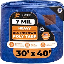 Xpose Safety 30 x 40 Heavy Blue/Brown Tarp - Waterproof - 7 Mil Weatherproof Camping Tarp for Tent, Rain, Wind & Sun - Plastic Tarpaulin Cover Outdoor for Roof, Trailer, RV, Car, Boat