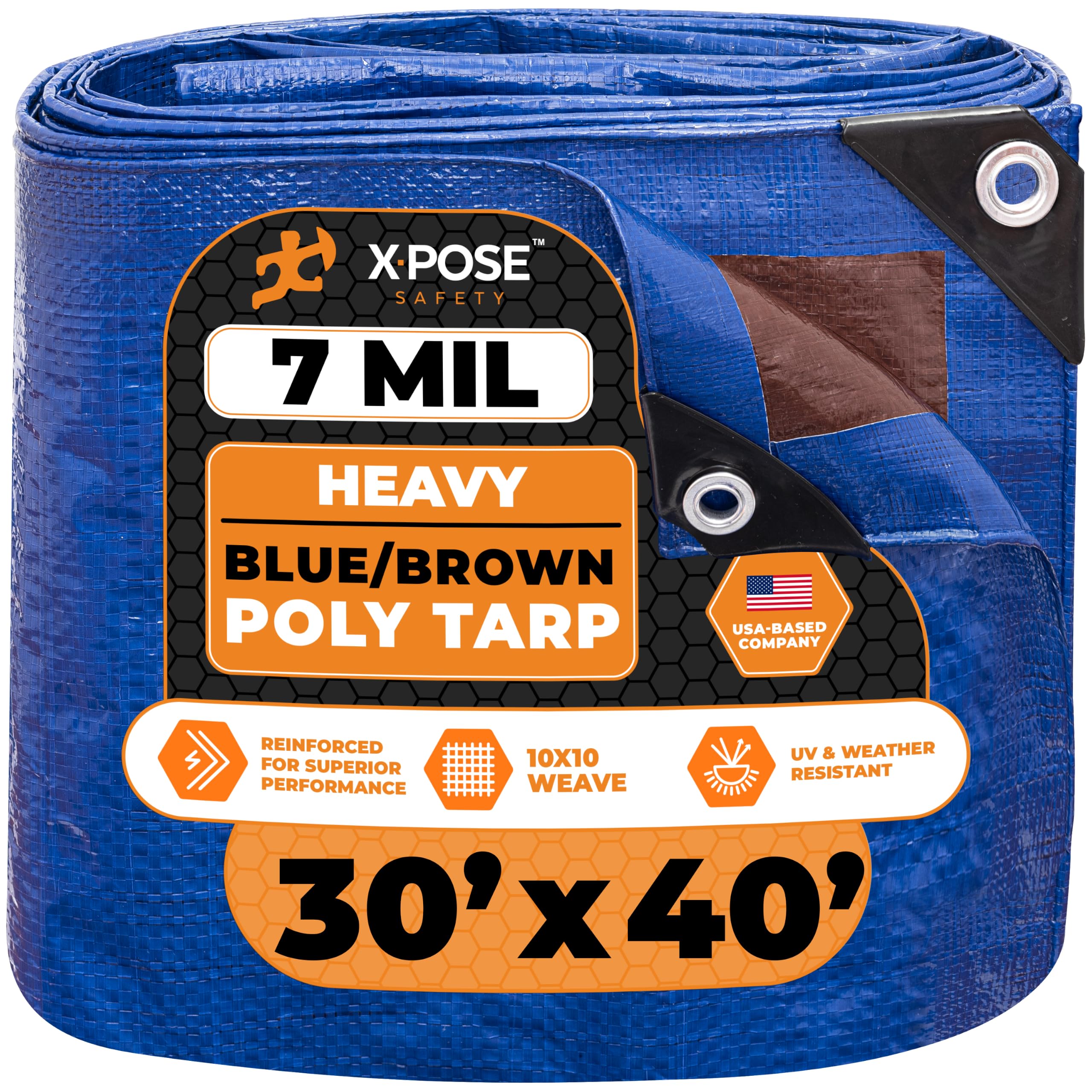 Xpose Safety 30’ x 40’ Heavy Blue/Brown Tarp - Waterproof - 7 Mil Weatherproof Camping Tarp for Tent, Rain, Wind &amp; Sun - Plastic Tarpaulin Cover Outdoor for Roof, Trailer, RV, Car, Boat