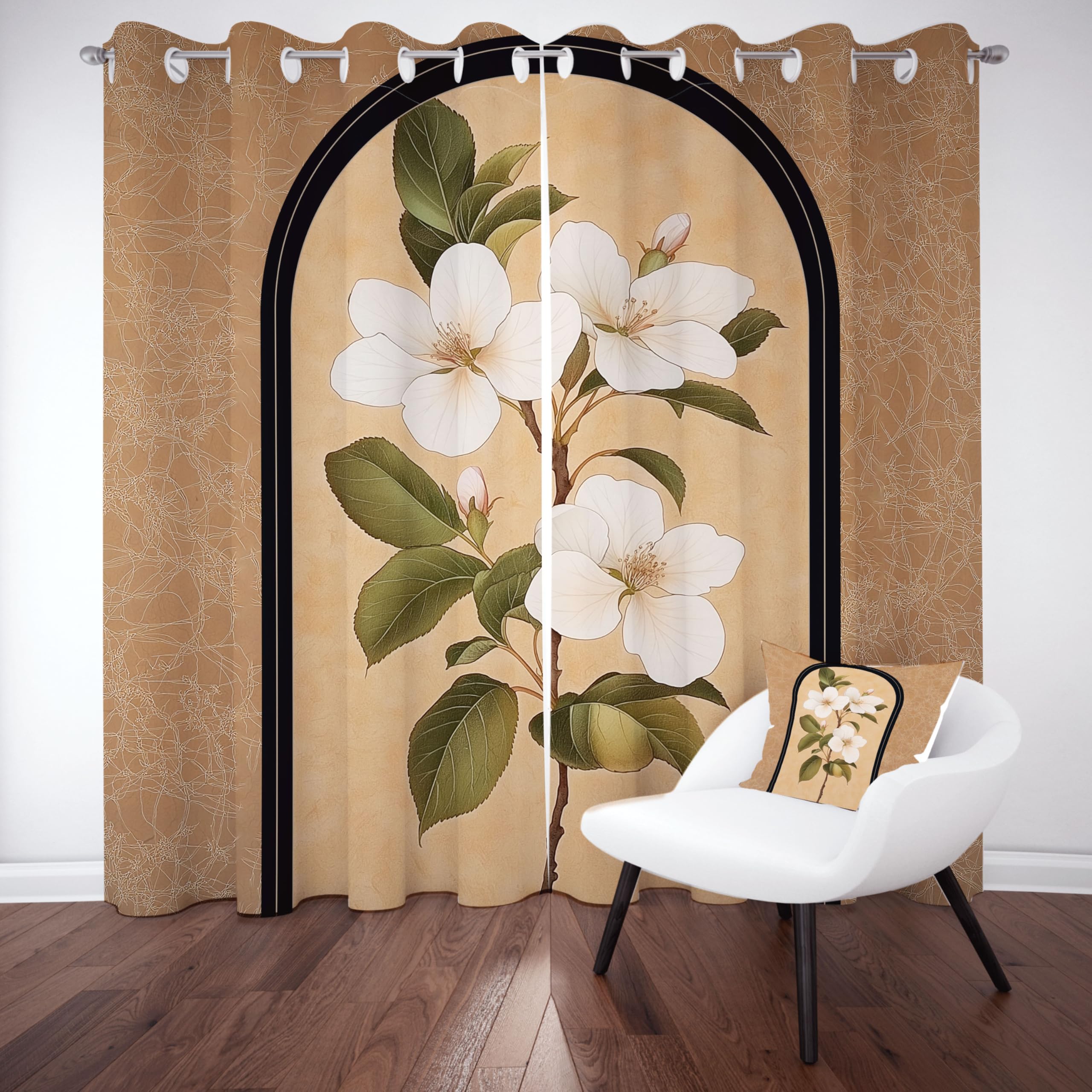 Rideau isolation phonique et thermique contre le froid avec motifs fleurs blanches