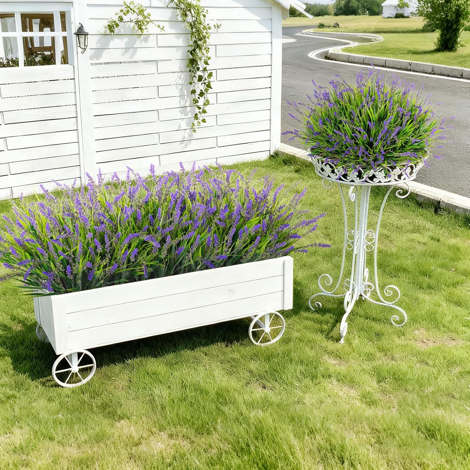 24 Pcs Artificial Faux Plants for Outdoor Spring Decoration, Fake Monkey Grass for Garden Porch Balcony Planters, Fake Greenery Shrubs UV Resistant No Fade Plants Bush for Pathway(Purple)