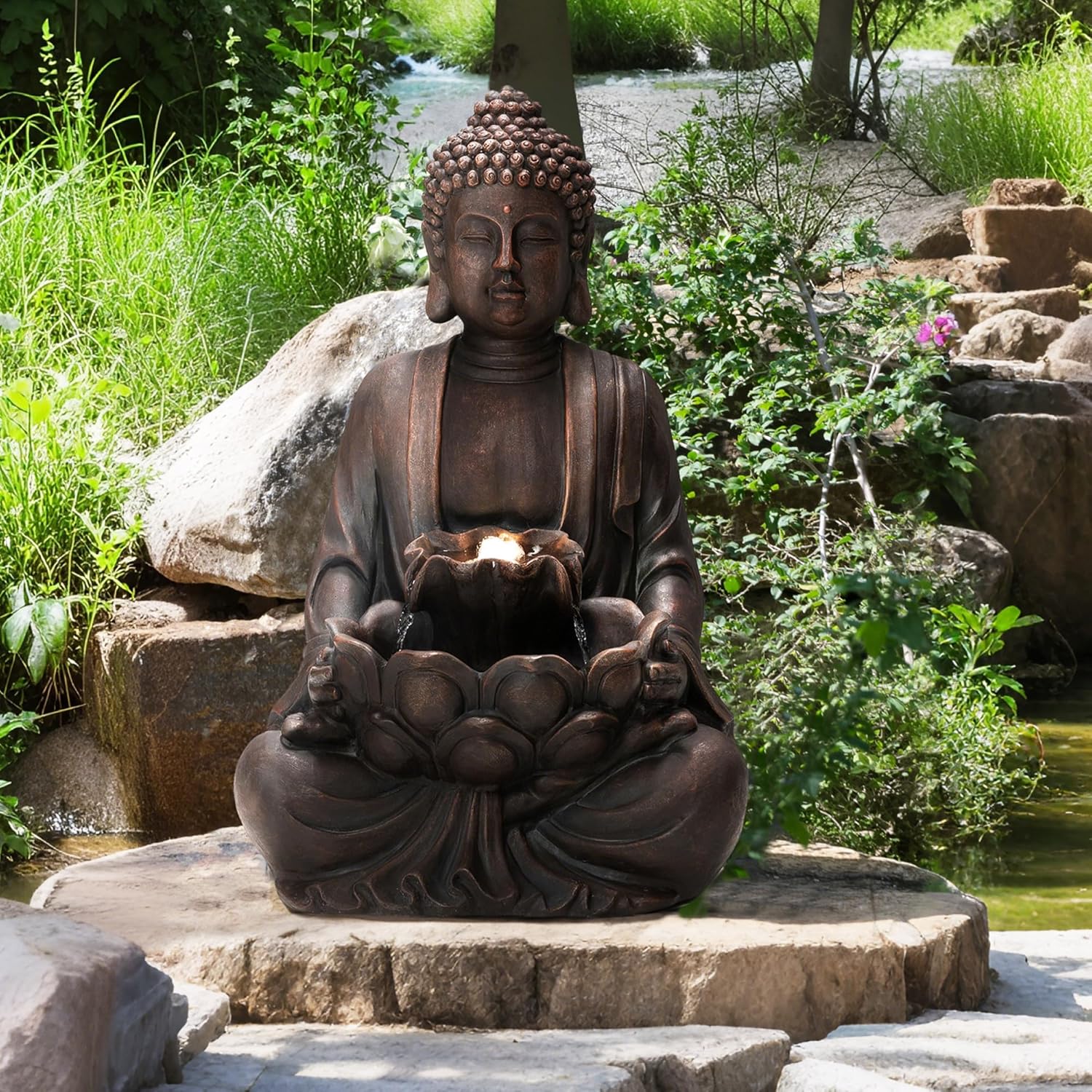 Glitzhome Outdoor Fountain 23.25" H, Zen Style Buddha Fountains Indoor Water Fountain with Pump & LED Lights, Freestanding Water Feature Fountains Outside Garden Backyard Decor