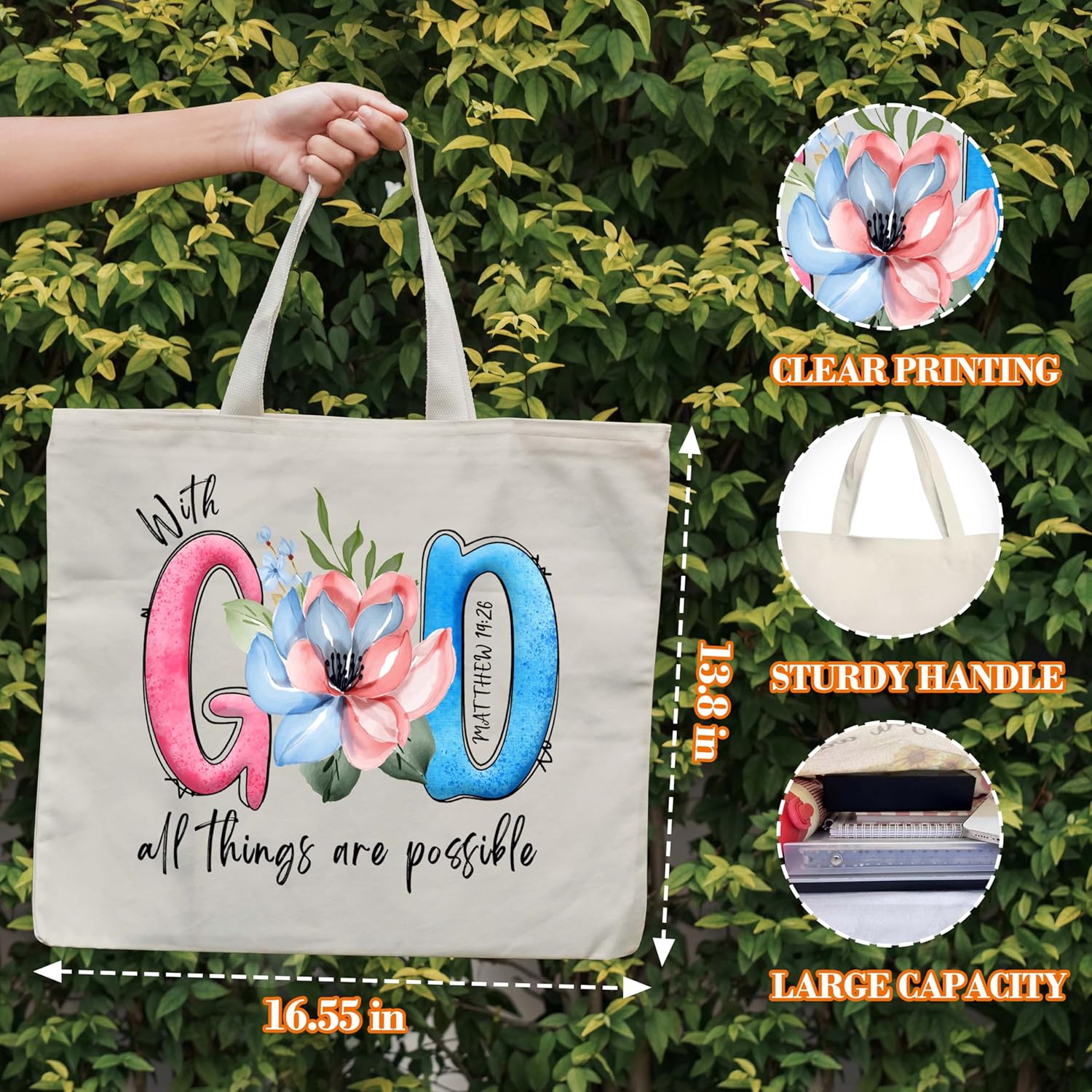 Christian Canvas Totes for Women, With God All Things Are Possible Bible Tote, Bible Verse Religious Gifts, Floral Library Book Bag, Faith Shoulder Bag Gifts for Women Friends Colleagues -32 - Image 2