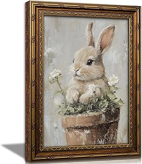 Vintage Gold Framed Easter Bunny Wall Art Floral Rabbit Cottagecore Oil Painting Canvas Prints Spring Flower Botanical Picture Poster Rustic Farmhouse Nursery Animal Artwork for Living Room Bedroom