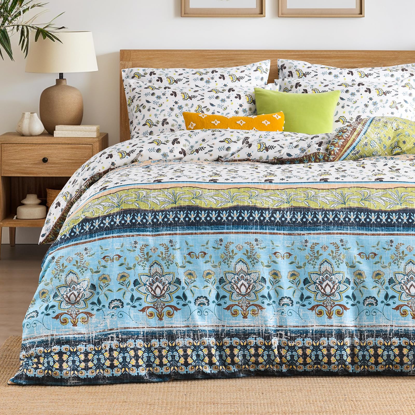 HORIMOTE HOME Boho Floral King Size Duvet Cover Sets - Reversible Soft Bedding Quilt Cover Sets, Kingsize Bedding Set with Pillowcases,Green,230 x 220 cm
