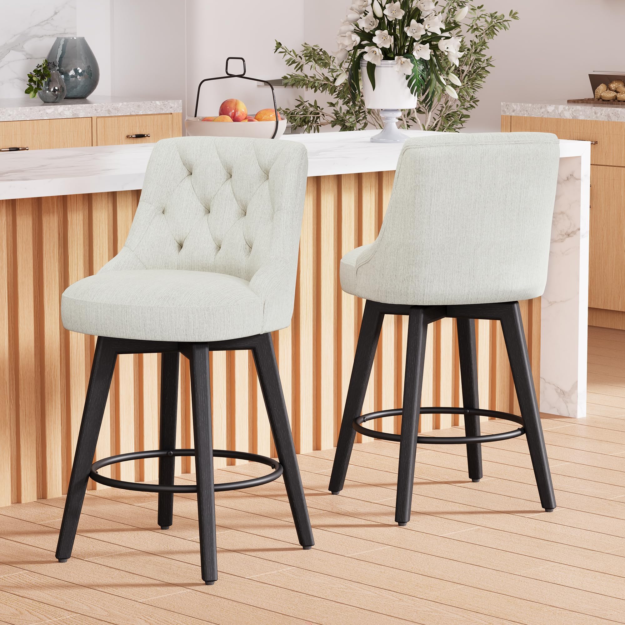 Vipbear Modern 26 Inch Bar Stools Set of 2, Swivel Height Counter Stools with High Back, Cream Upholstered Barstool, Bar Chair with High Back, Wood Legs for Kitchen Island, Bar, Dining Room