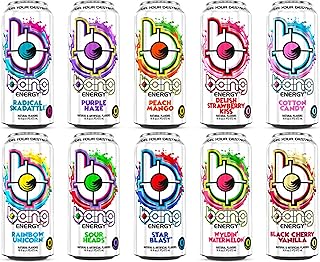 Bang Energy Cans, Variety Pack,16 Fl Oz, 10 Pack ( Peach Mango, Bluue Razz, Radical Skadattle,Delish Strawberry,Wildin' Watermelon,Star blast,Black cherry Vanilla,Rainbow Unicorn, Purple Haze, Sour Heads, Cotton Candy)