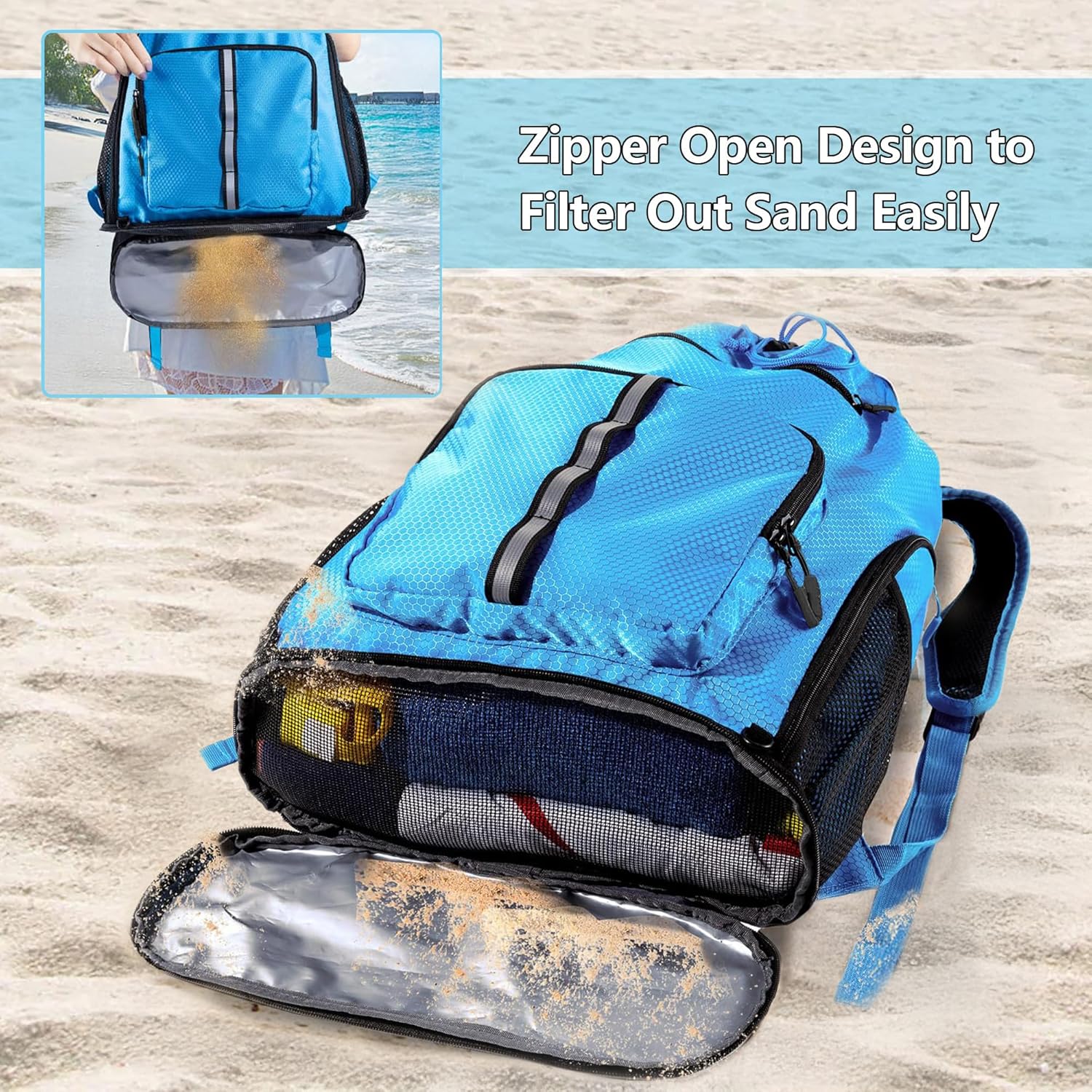 GEMIU Sandproof Beach Bag for Men Women Swim Bag with Wet Pockets with Mesh Shoe Drawstring Bag and Wet-Proof Pockets for Toiletries, Towels, Gym, Travel Blue