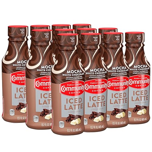 Community Coffee Bebida de café con leche helada, chocolate blanco moca, sabores naturales, 13.7 onzas líquidas (paquete de 12)