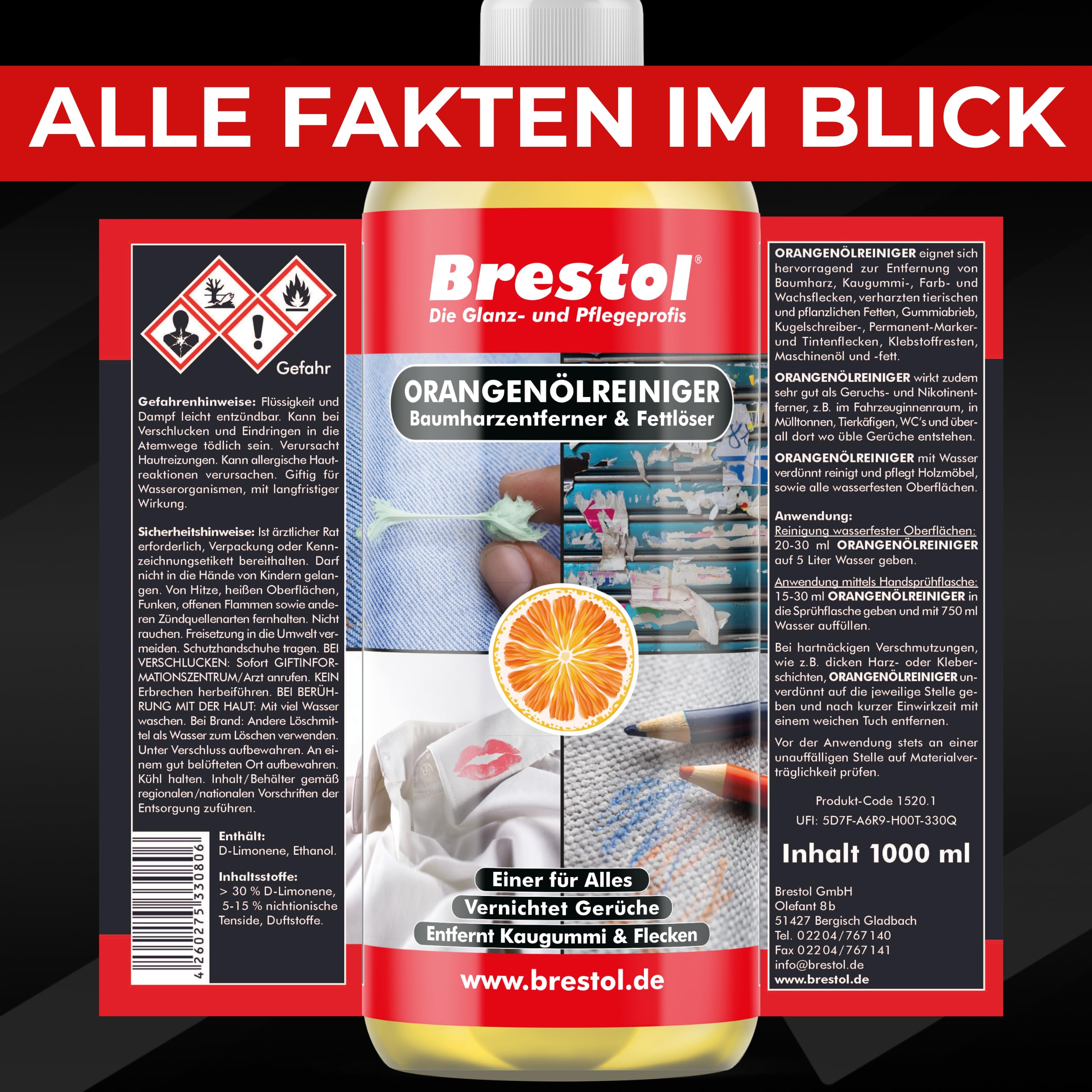 BRESTOL® ORANGENREINIGER 2x 1000 ml - Universalreiniger Fett Öl Kaugummi Baumharz Entferner Baumharzentferner Geruchsneutralisierer Orangenölreiniger