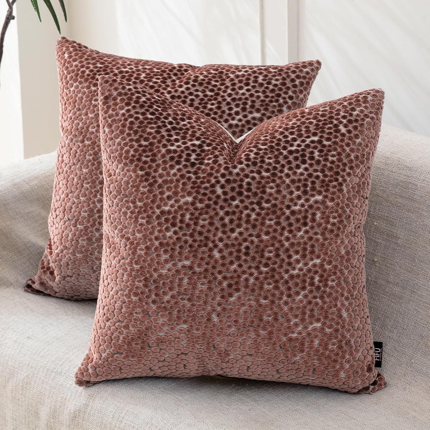 FIFU Couch Throw Pillow Covers 20x20 Inch Set of 2 - Jacquard Velvet Front & Neutral Textured Back, Decorative Cushion Covers with Invisible Zipper for Living Room, Bedroom & Home Sofa, Dusty Rose