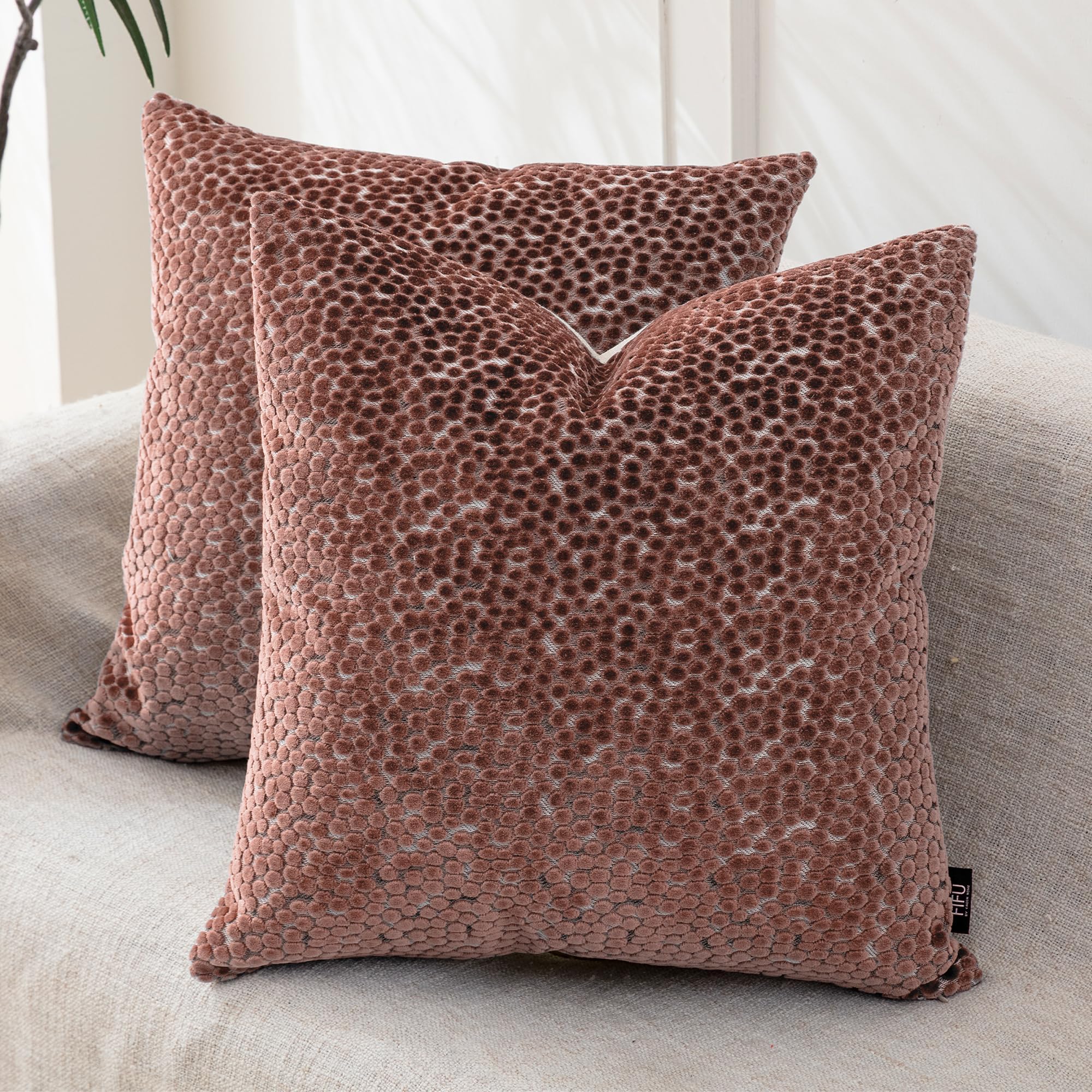 FIFU Couch Throw Pillow Covers 18x18 Inch Set of 2 - Jacquard Velvet Front & Neutral Textured Back, Decorative Cushion Covers with Invisible Zipper for Living Room, Bedroom & Home Sofa, Dusty Rose