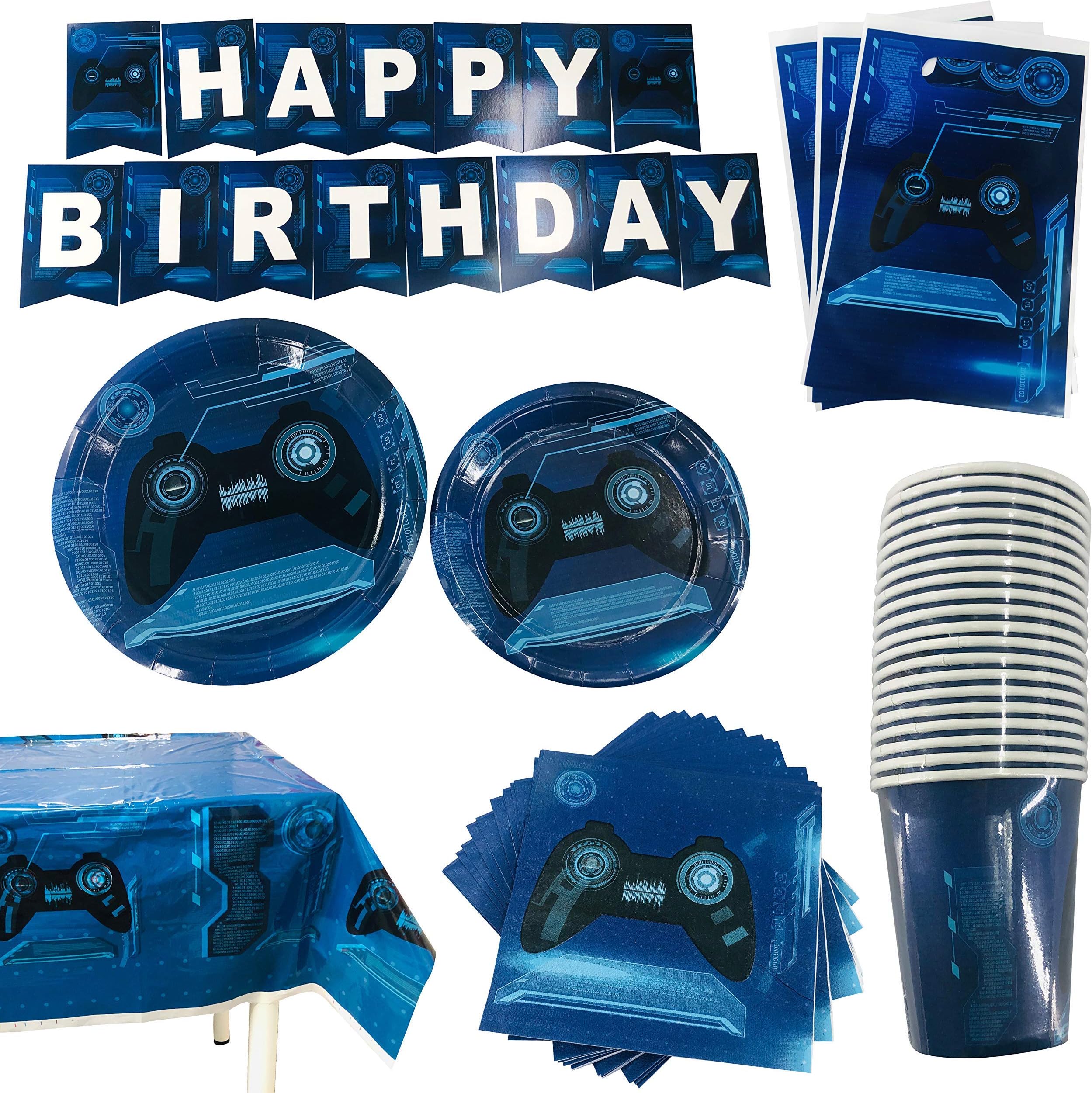 102 Piece Video Game Party Supplies Set - Serves 20 Gamers – Includes Banner, Plates, Cups, Napkins, Tablecloth, and Gift Bags – Gaming Birthday Party Bundle for Kids