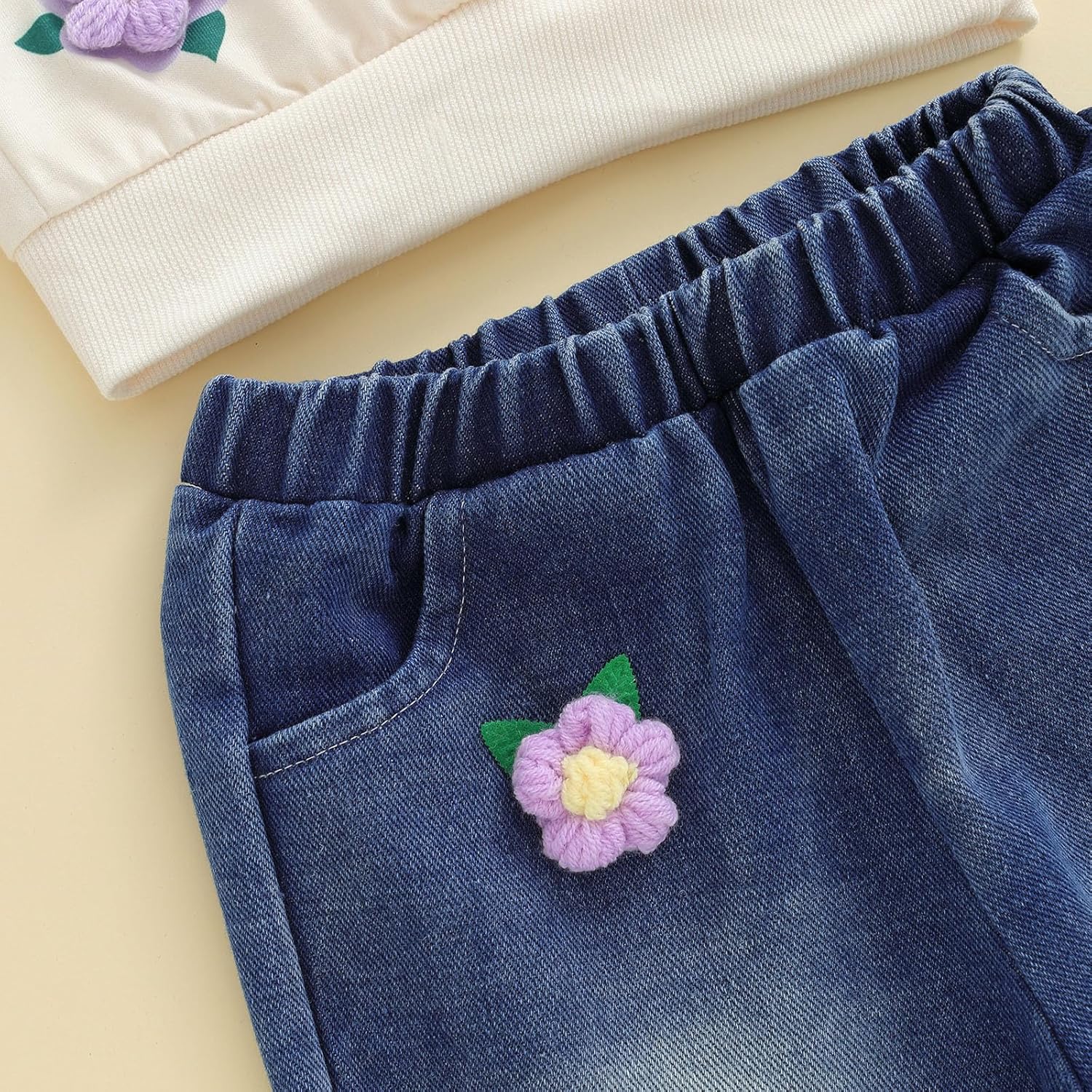 Userdefined Toddler Baby Girl Clothes Fall Long Sleeve Embroidered Sweatshirt Bell Bottom Jeans Pants Set Spring Outfit - Image 5