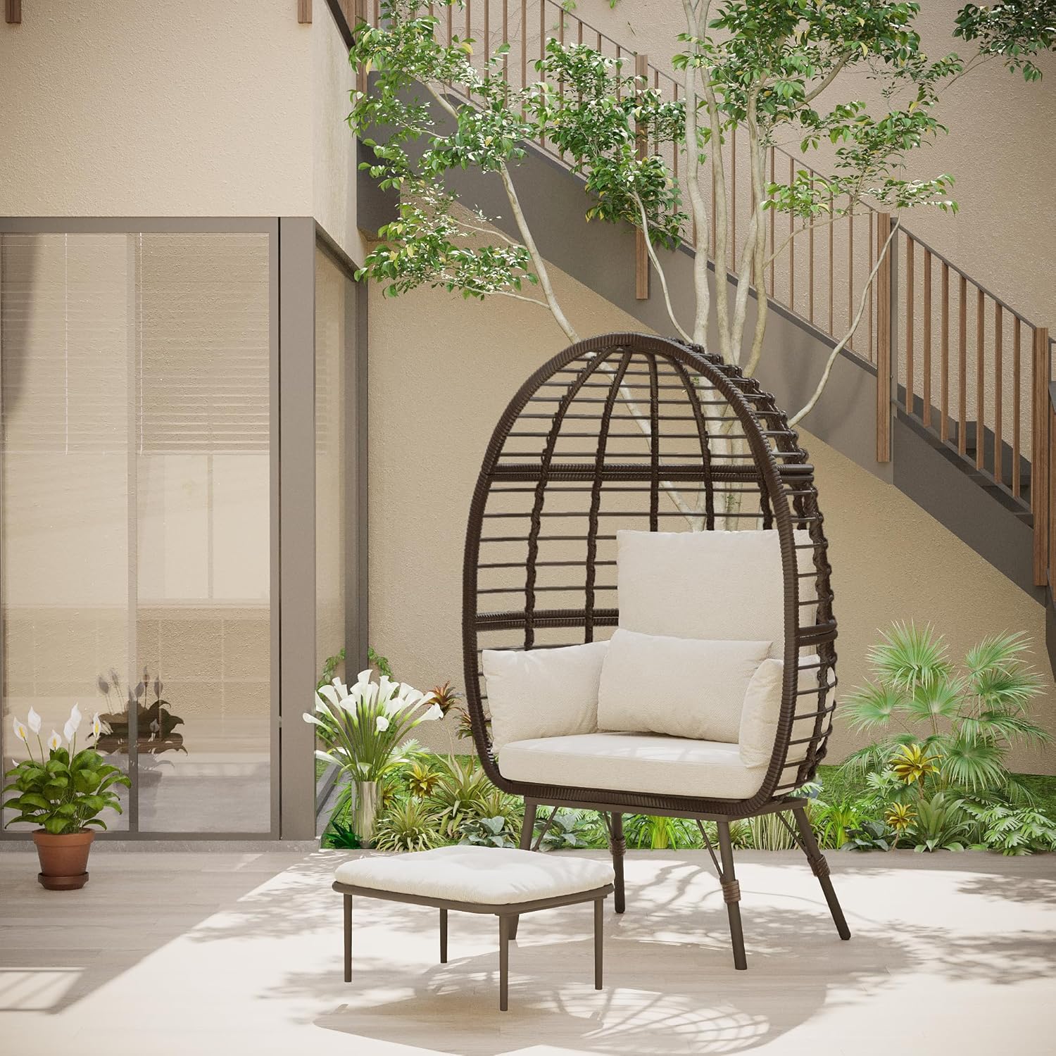 Wicker Egg Chair with Cushion, Indoor Outdoor Lounger for Patios, Living Room, PE Rattan Chair Steel Frame, Strong Load Capacity, Beige Cushion
