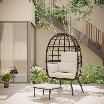كرسي Wicker Egg مع وسادة ، كرسي داخلي في الهواء الطلق للباحات ، غرفة المعيشة ، إطار PE Rattan كرسي فولاذي ، قدرة تحميل قوية ، وسادة بيج