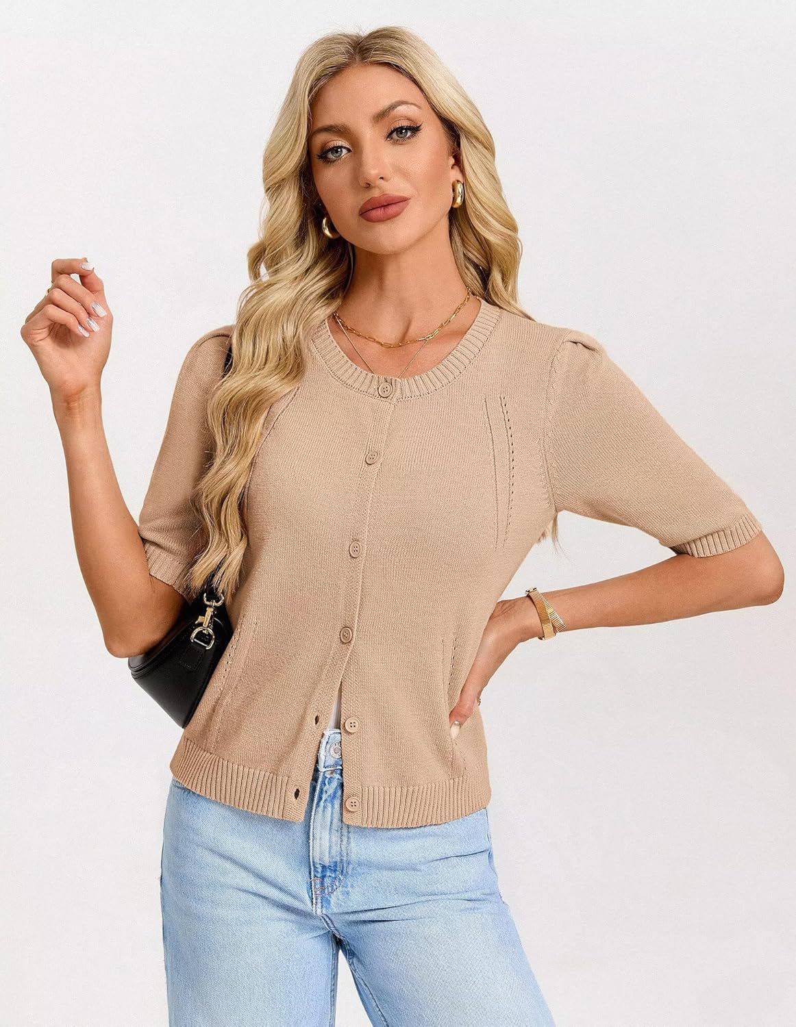 GRACE KARIN Short Sleeve Cardigans for Women, Spring Cropped Cotton Sweaters, Trendy Crew Neck Button Up Tops Casual, - Image 2