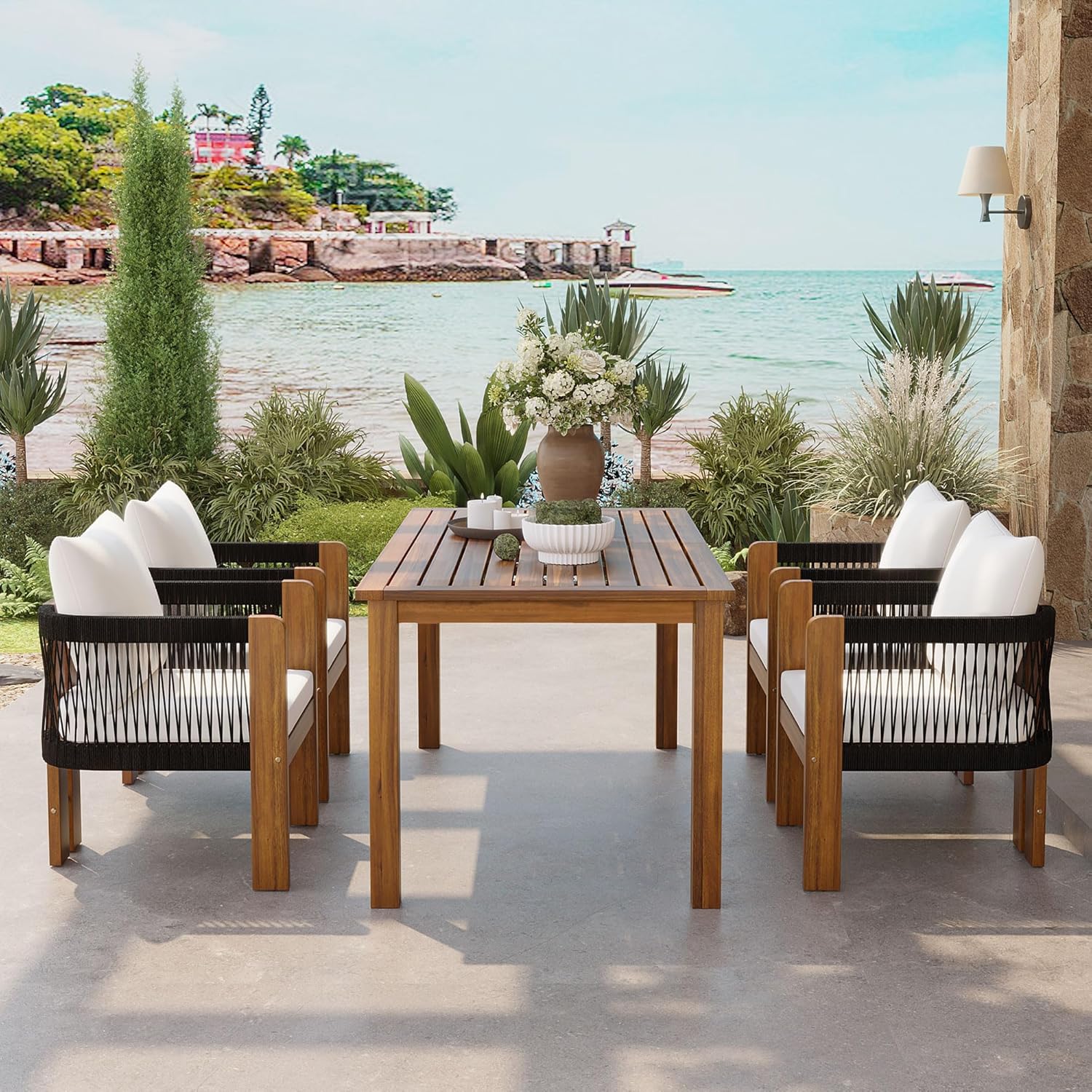 5 Pieces Patio Dining Table Set with Rope Woven Chairs, Outdoor Acacia Wood Dining Table and Chair Set for 4 (Black+Brown)