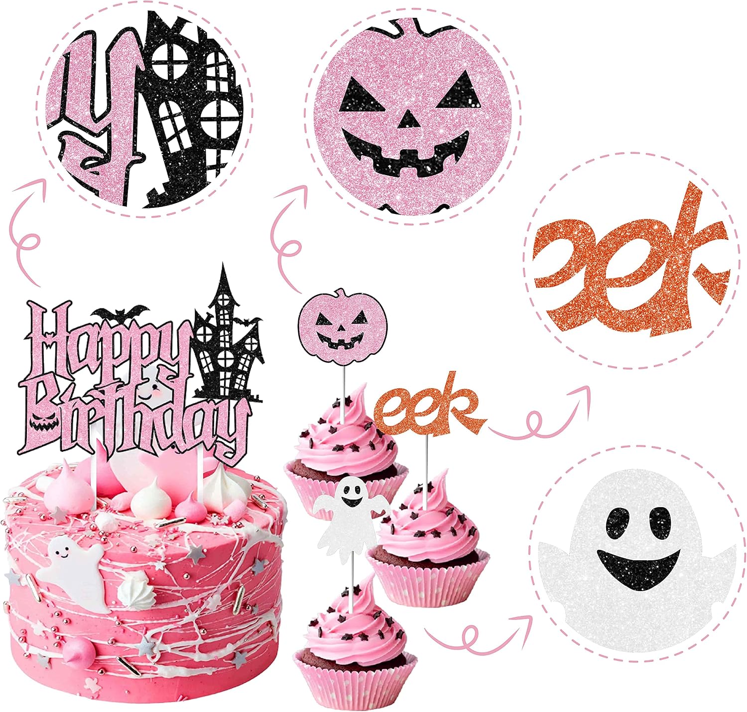 25PCs Happy Birthday Cake Topper Set Pink Black Halloween Themed Cupcake Toppers for Girl Birthday Party Decorations with Pumpkin Ghost Spider Web Decor