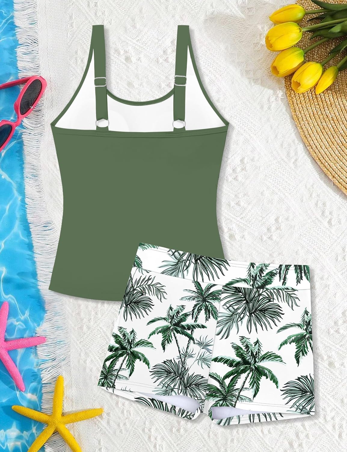 Girls Swimsuit Two Piece Girls Tankini Swimsuit with Tropical Printed Shorts Adjustable Bathing Suit Swimwear 7-18T - Image 8