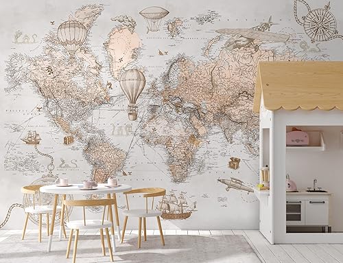 Miniatura 3 de Murwall Papel pintado de mapa del mundo para niños Viejo mapa político del mundo mural de pared Mapas del tesoro de la habitación infantil