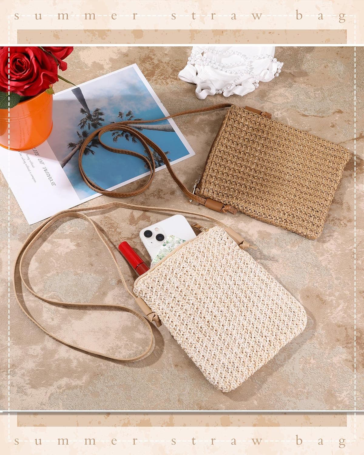 Sweetude 2 Pcs Straw Beach Bag for Women 6.9 x 7.9 Inches Summer Woven Straw Purse Cute Shoulder Crossbody Handbags for Women - Image 3