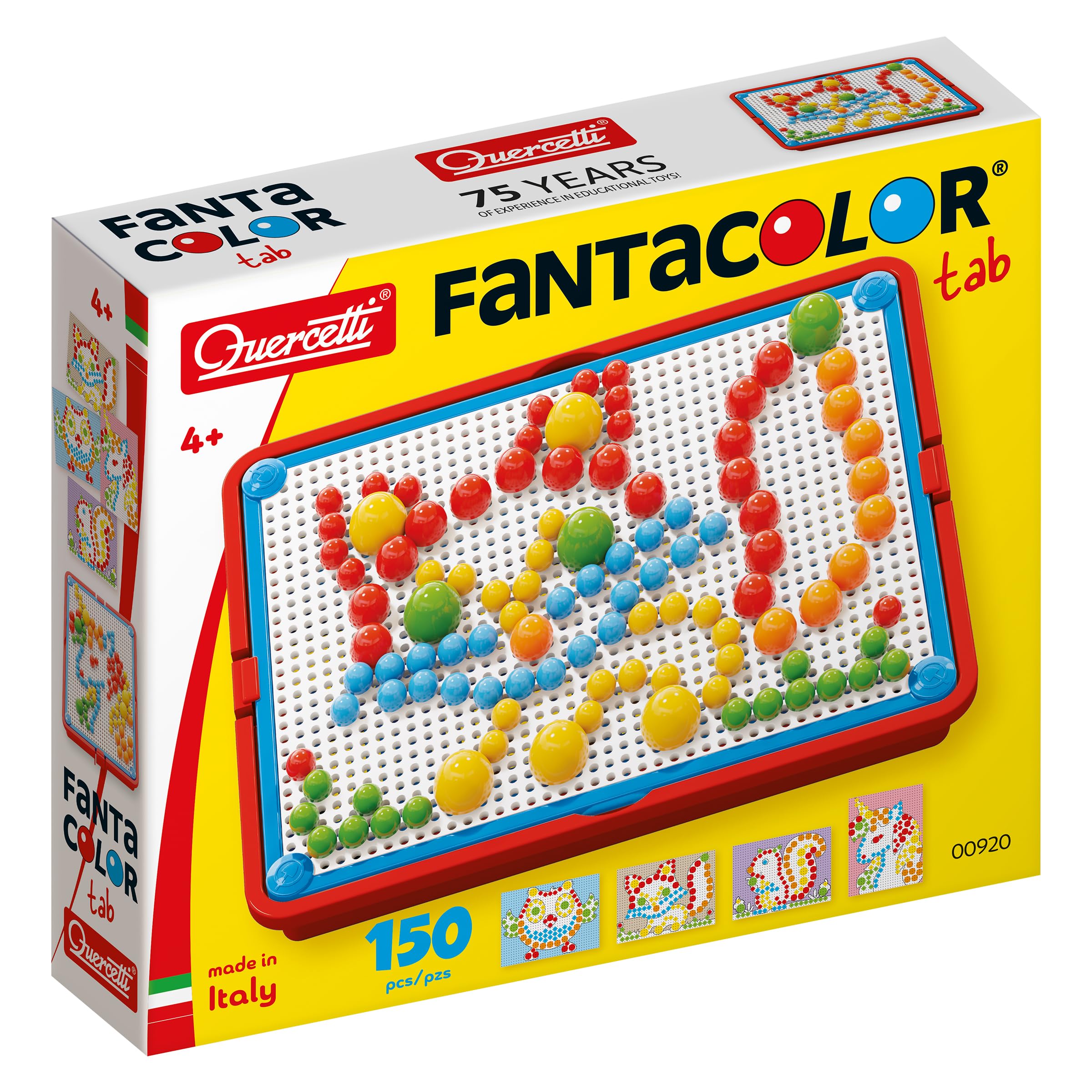 Quercetti Fantacolor Tab, Juego de Mosaicos Infantiles con 150 piezas de colores, Juguetes Niños 4 Años, Manualidades Niños, Juegos Educativos y Creativo tipo puzle con tablero, cesta y plantillas