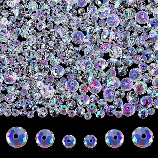 Prasacco 500 Pieces Crystal Rondelle Glass Beads, Gemstone Glass Beads Loose Beads DIY Drilled Gemstone Loose Beads for Bracelets Necklace Pendants Jewelry Making Supplies 4/6/8mm (AB Color)