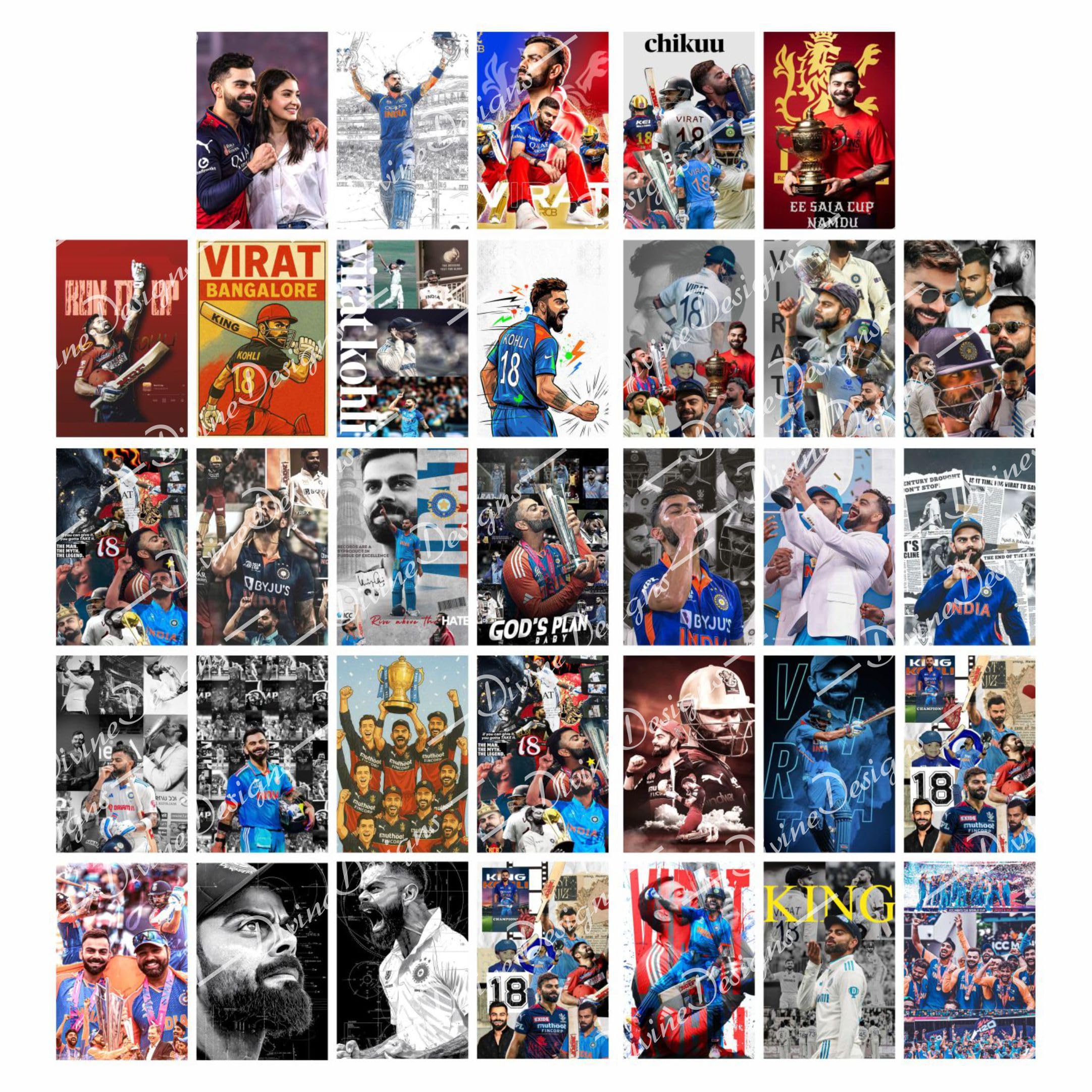 DivineDesigns 33pcs. Virat Kohli Wall Collage Kit Poster | Poster for Wall Decoration | Wall Art For Bedroom, Office, Living room, (6 inch X 4 inch) Set of 33 Virat Kohli Prints Vinyl (Rolled)