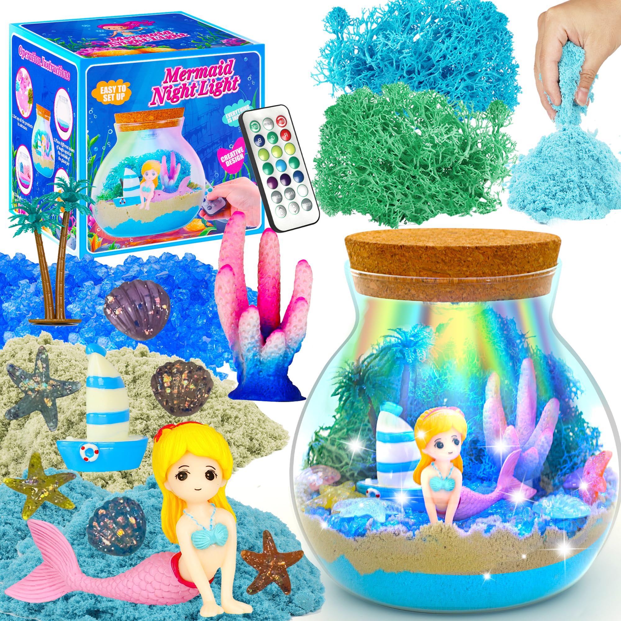 Kit artigianale per terrario a forma di sirena, per ragazze, crea la tua luce notturna a forma di unicorno con telecomando a LED con 16 modalità, regalo di compleanno per ragazze dai 5 ai 6 ai 7 agli