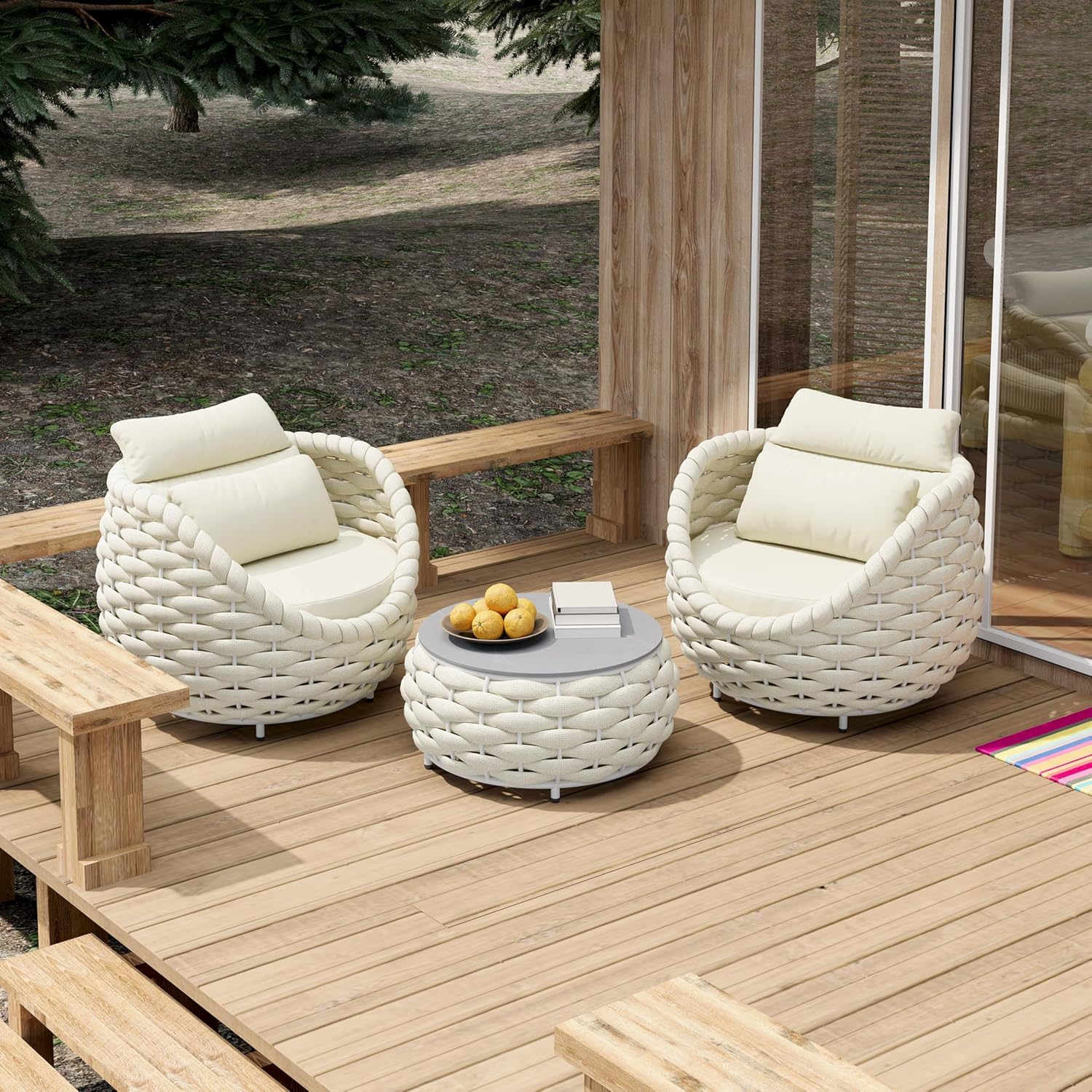 Front Porch Furniture Set 3 Piece: Aluminum Woven Rope Patio - B0DN1Q8WXT