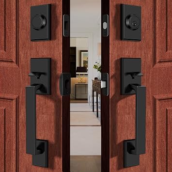 Double Front Door Lock Set, Square Heavy Duty Double Door Handle with Dummy, Entry Handleset with Deadbolt Combo, Double Door Lock Set for Front or Office Doors, Matte Black