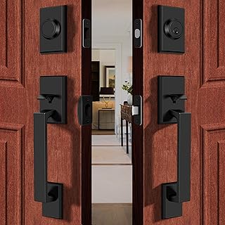 Double Front Door Lock Set, Square Heavy Duty Double Door Handle with Dummy, Entry Handleset with Deadbolt Combo, Double Door Lock Set for Front or Office Doors, Matte Black