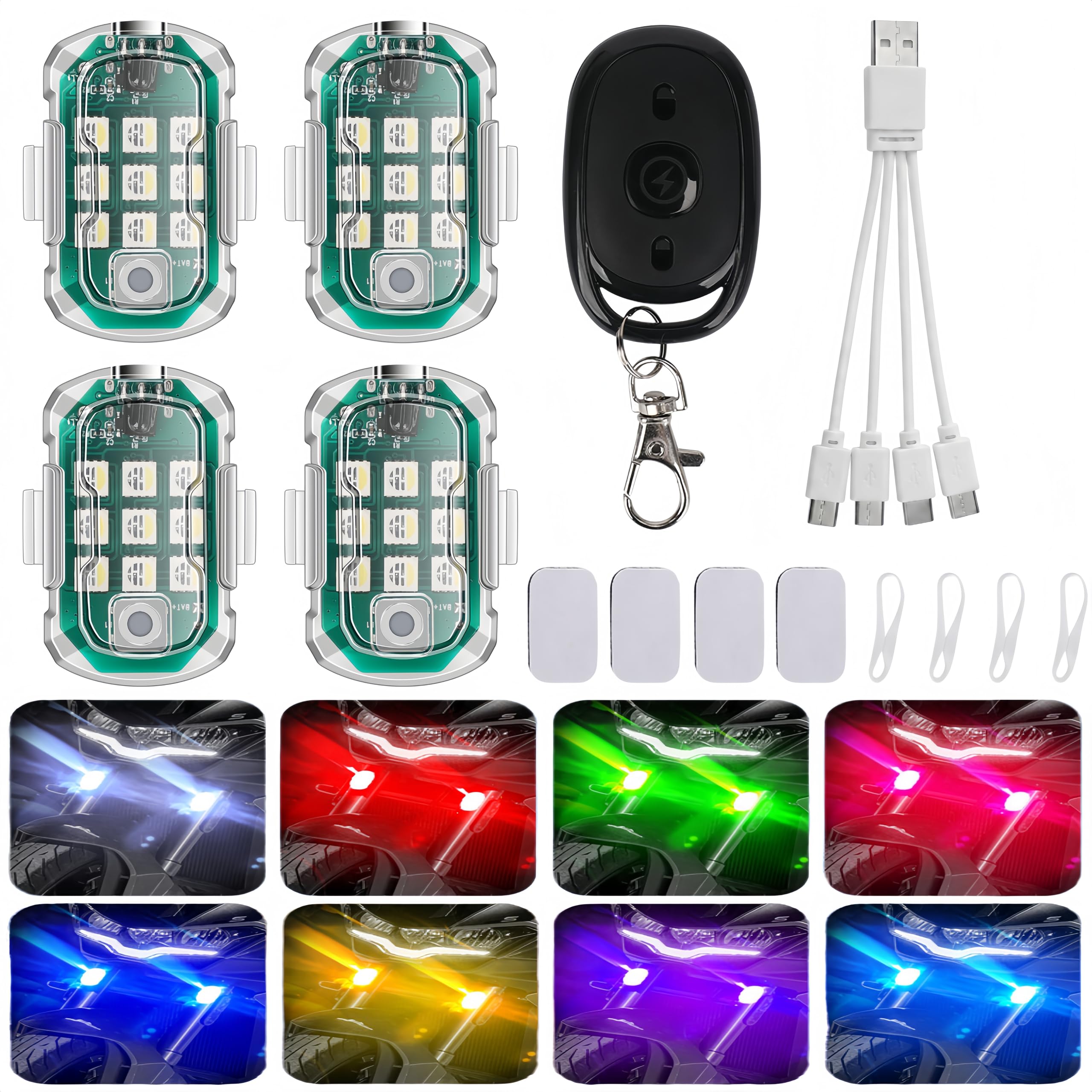 Photo 1 of 4 Pack Wireless LED Strobe Lights with Remote Control, 9 LEDs, 8 Colors High Brightness USB Rechargeable Anti-Collision, Led Emergency Warning Lights for Car Motorcycle Bicycle Bike Outdoor Camp