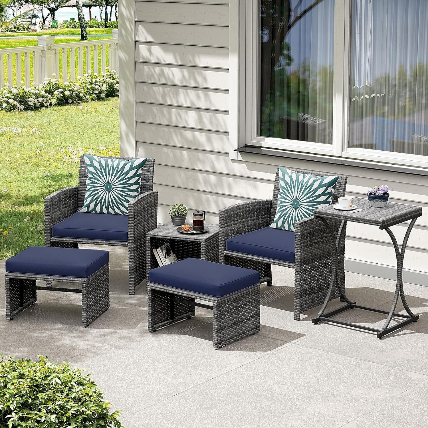 Casual 6 Piece Patio Furniture Conversation Set with Ottoman Outdoor Grey Wicker Chair and Table Sets for Backyard Porch Balcony Poolside Garden(Gray)