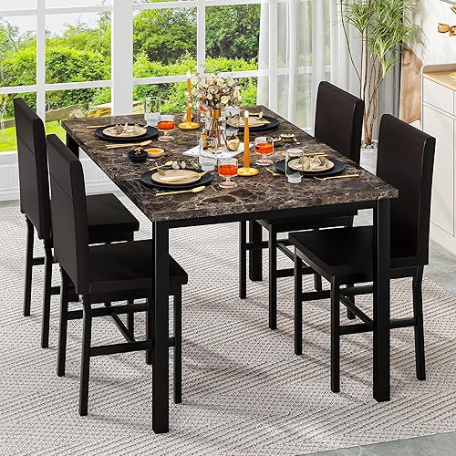 Miniatura 9 de Hooseng Juego de mesa de comedor de 5 piezas para 4, mesa de cocina de mármol sintético con sillas tapizadas, juego de mesa moderno para comedor,