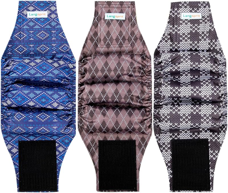 Fralda Faixa Abdominal Reutilizável para Cães Machos Langsprit XG (Plaid-1 L, Pacote com 3)
