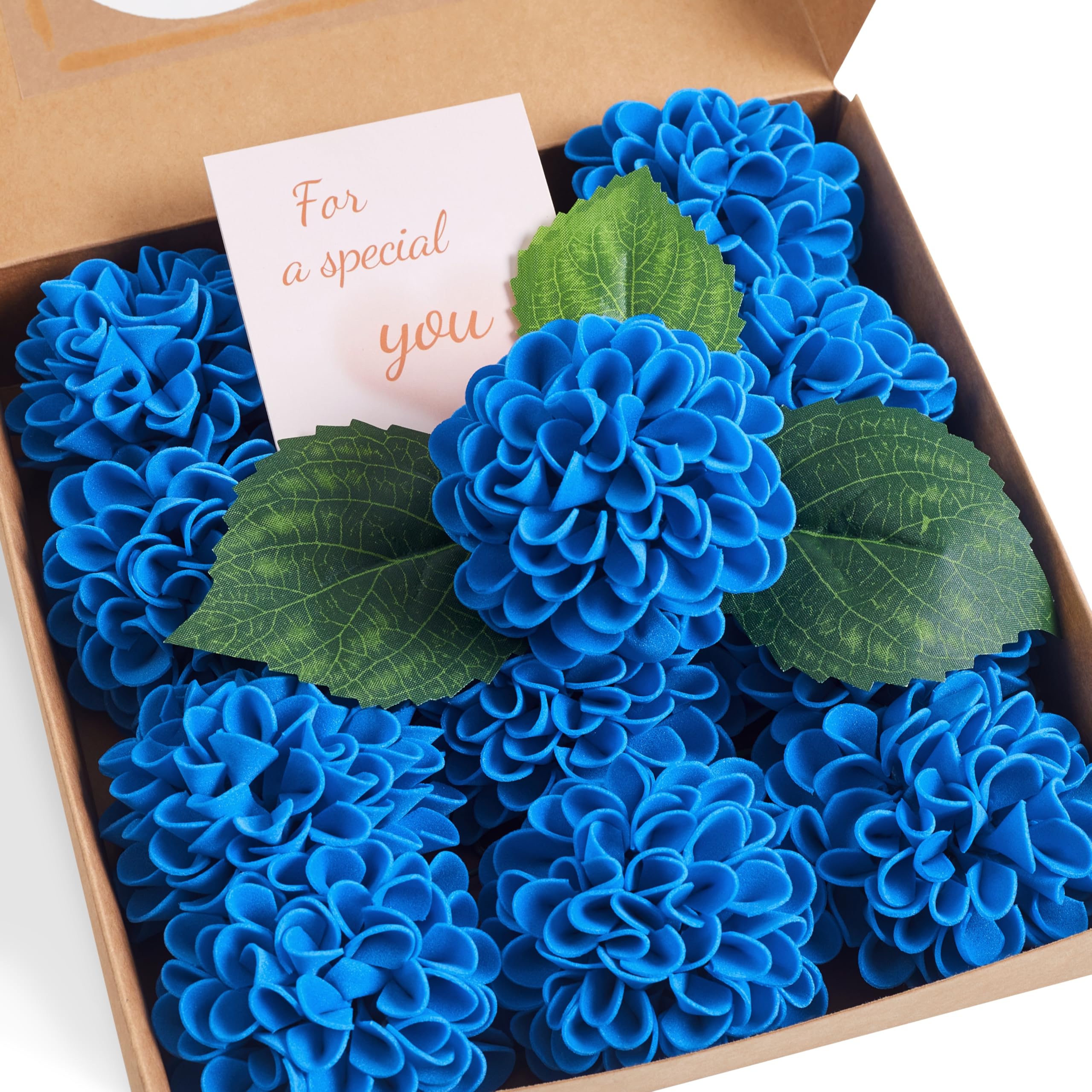 Sahoottie 12 Pcs Royal Blue Artificial Chrysanthemum Flower Gift Box with Leaves and Stems Royal Blue Fake Foam Chrysanthemum Flowers for Home Decor,Wedding Party,Garden,Floral Arrangement