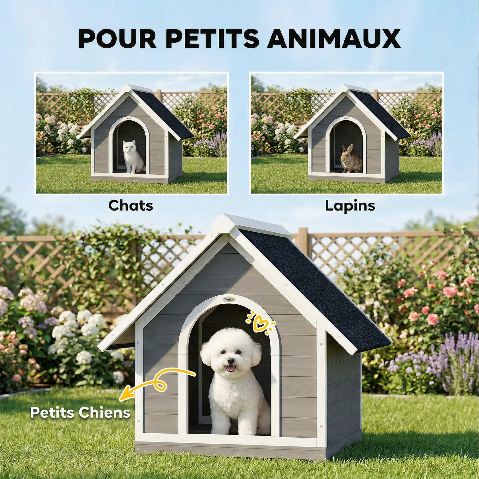 PawHut Niche pour Chien Extérieur en Bois Ouvrant 84x101x86 cm Gris/Blanc | Nettoyage Facile, Toit Bitumé Étanche, Villa Scandinave Surélevée