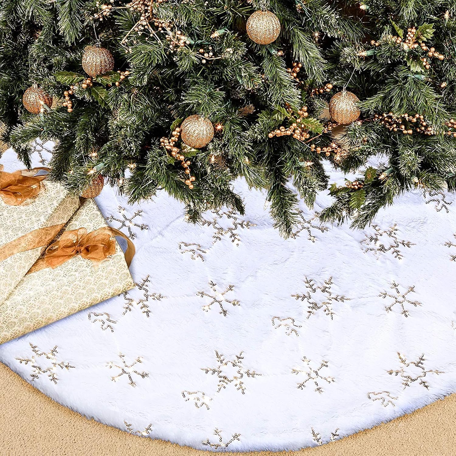 Christmas Tree Skirt - 36 Inches for Small Trees, White Soft Faux Fur Tree Skirt for Christmas Decorations Indoor Outdoor - Golden Snowflake