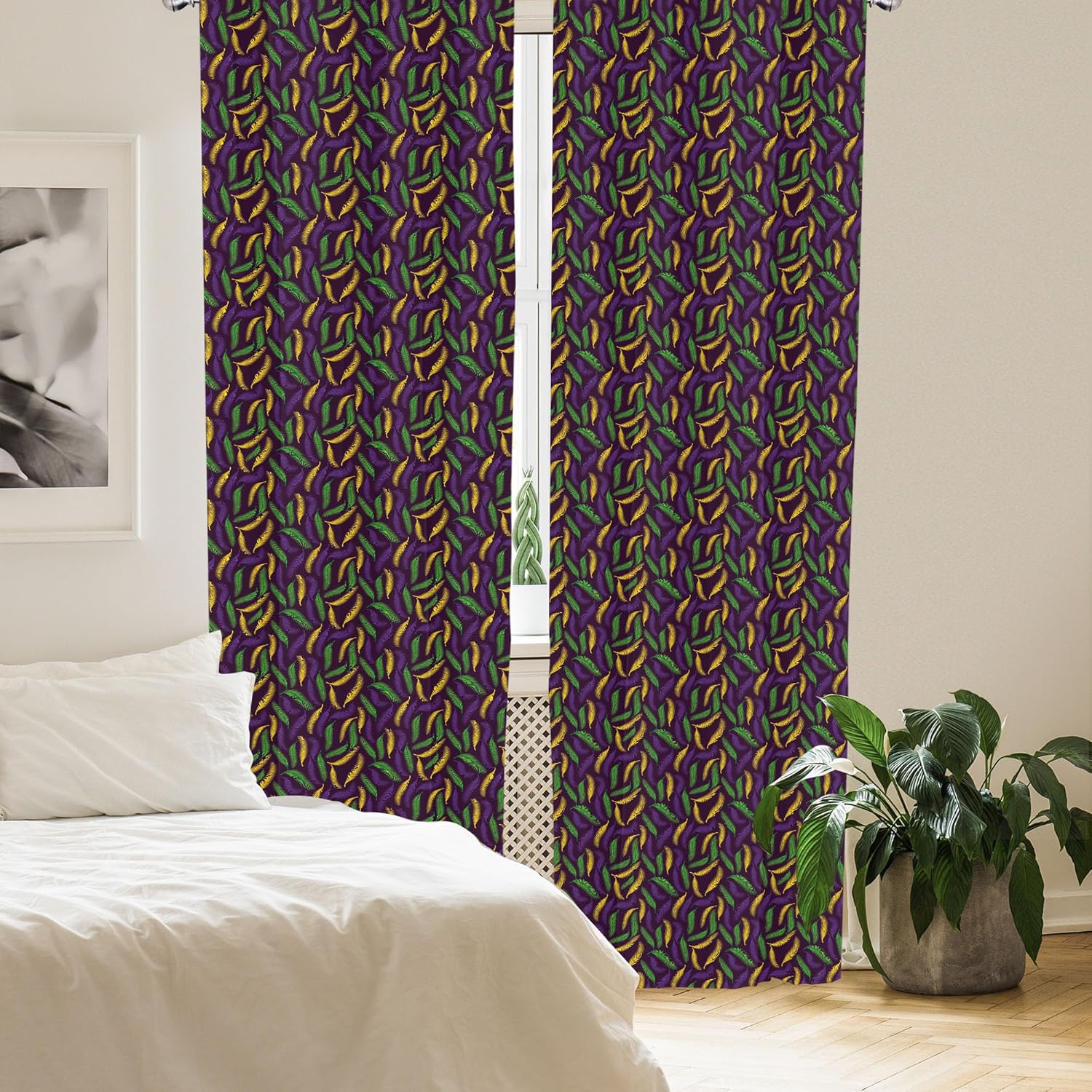 Lunarable Mardi Gras Curtains, Tricolor Feathers in Fat Tuesday Colors, Window Treatments 2 Panel Set for Living Room Bedroom, Pair of - 28" x 63", Purple Multicolor