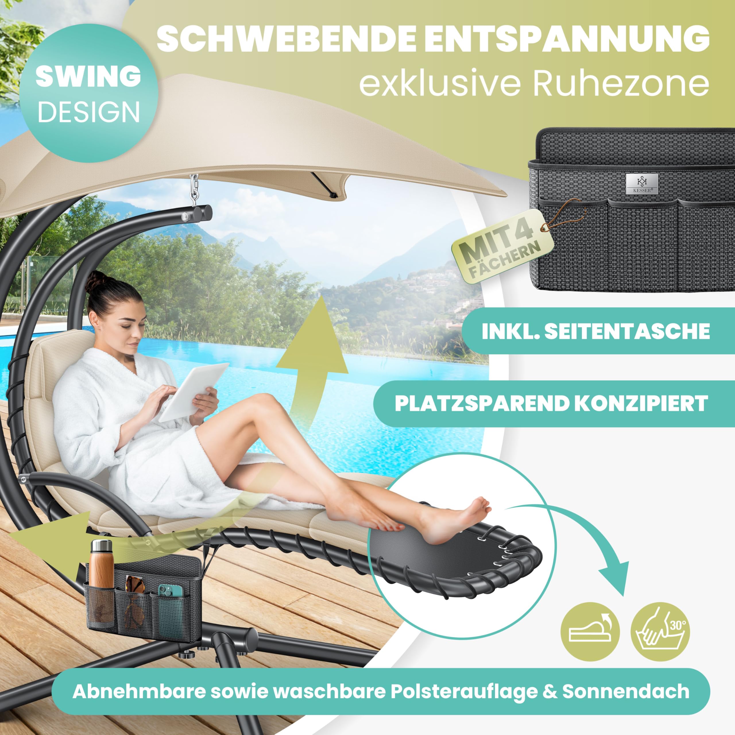 KESSER® Leżak wiszący z parasolem przeciwsłonecznym, wys. 200, dł. 194, szer. 100 cm, leżak relaksacyjny, hamak, obciążenie do 120 kg, leżanka bujana, poduszka na kark, w zestawie torba, Beżowy