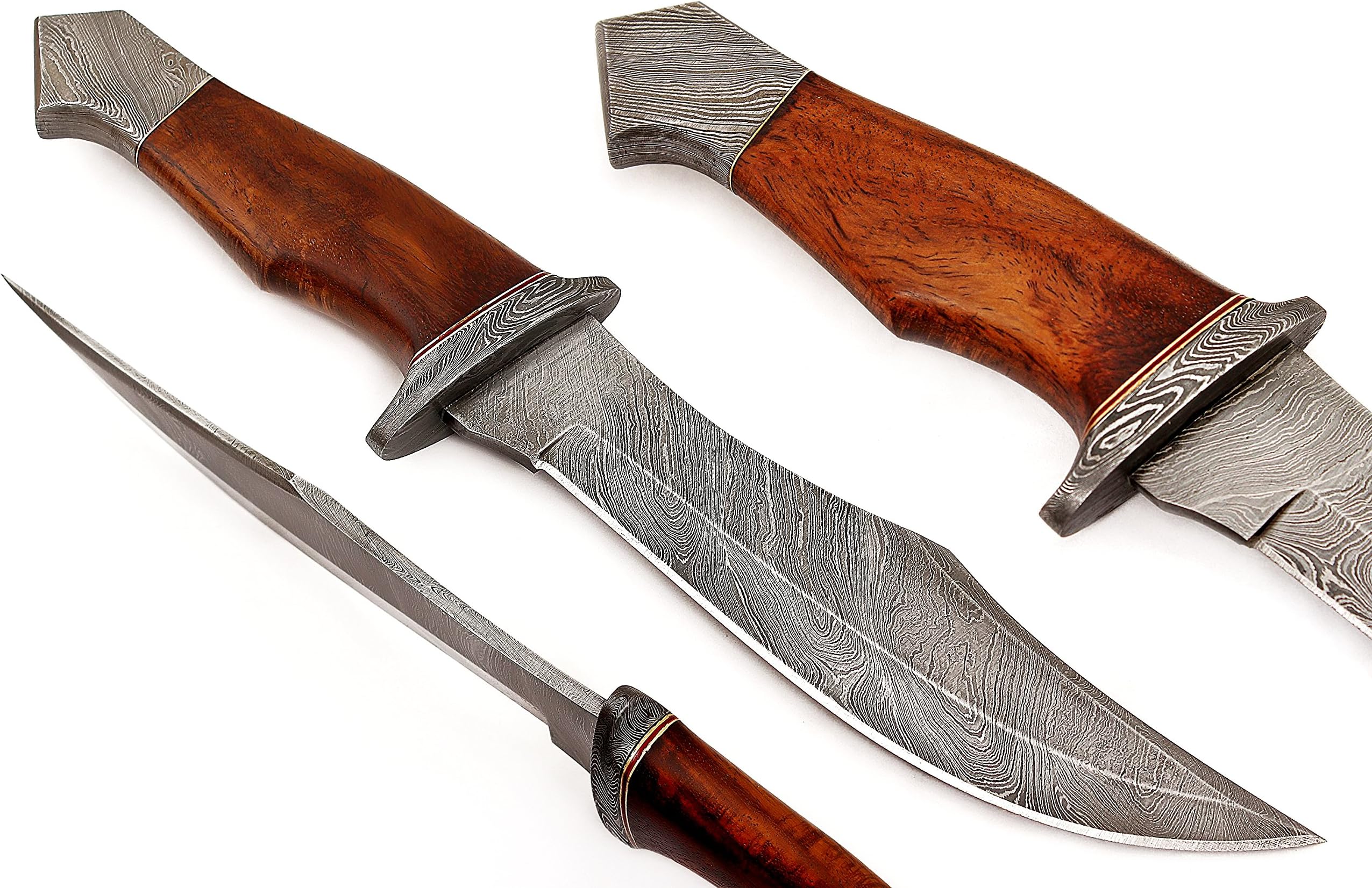 RA-2701 Custom made damascus steel hunting knife rose wood handle, with real leather sheath.