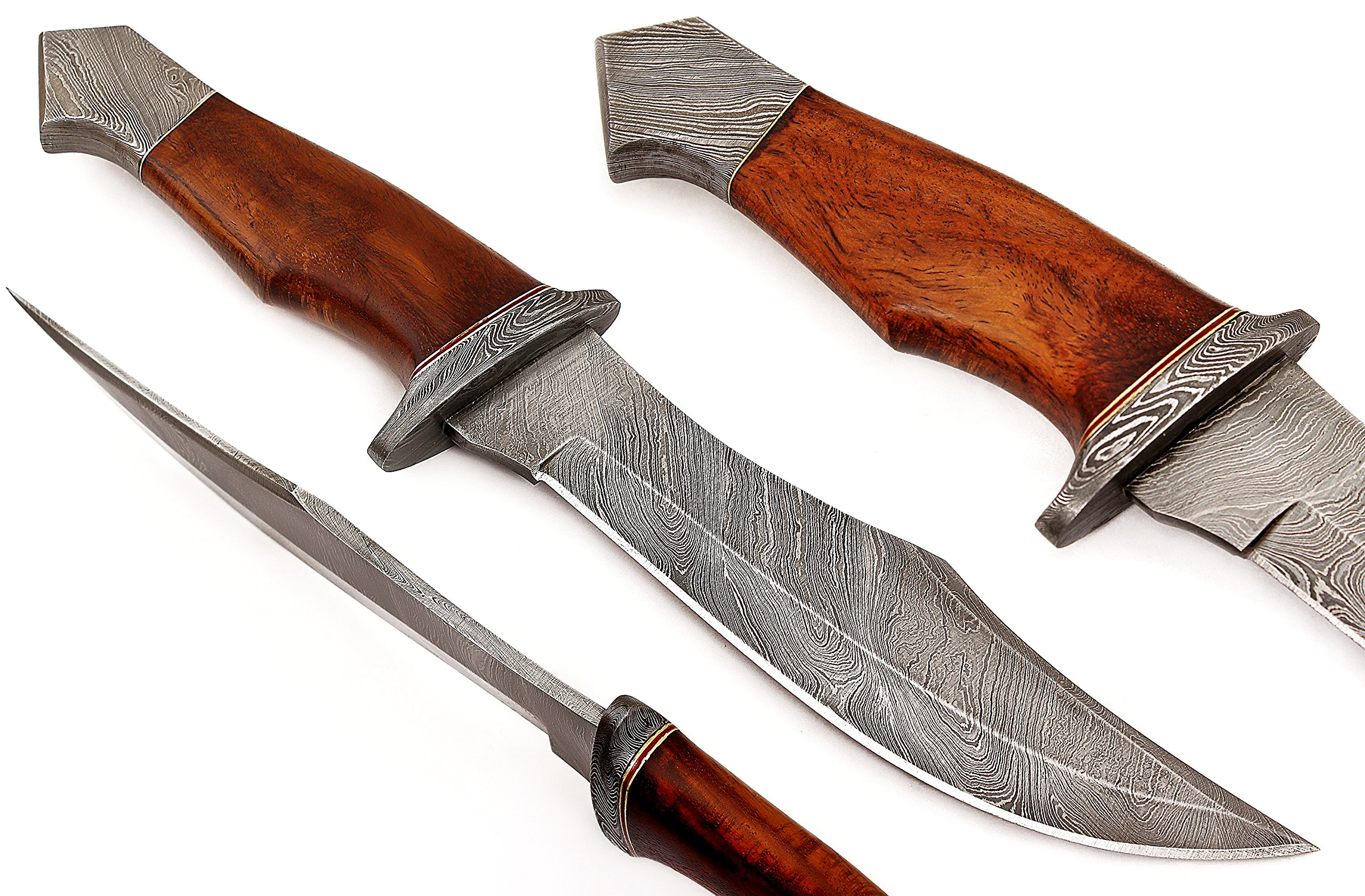 RA-2701 Custom made damascus steel hunting knife rose wood handle, with real leather sheath.