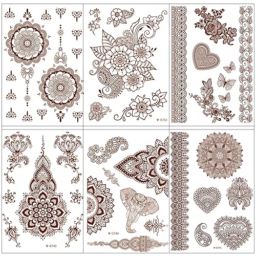 Miniatura 2 de 6 hojas de tatuajes temporales de henna marrón, impermeables, sexys, tatuajes falsos de henna marrón, calcomanías para mujeres y niñas, bricolaje en