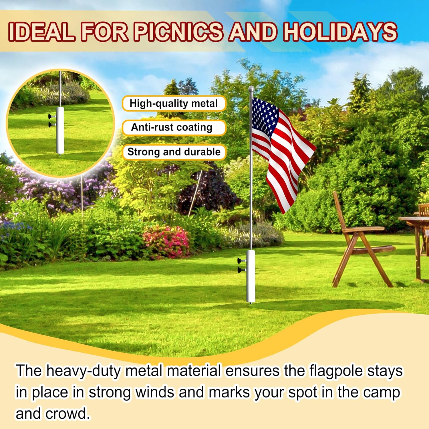 Flag Pole for Outside House, 12" Extended Tip Metal Graden Flag Pole Holder, Ground Mount Stake for 1.77" Dia Pole, Adjustable Inground Flagpoles Mount, Black - Image 4