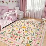 Pink Floral Area Rug pour la chambre de bébé, 6x9 Lavable rond Coin Rugs pour Chambre Filles Salle de jeu ou Chambre d'enfants,Boho Soft Non-Slip Tapis pour salle de classe Dorm Girl Room Decor