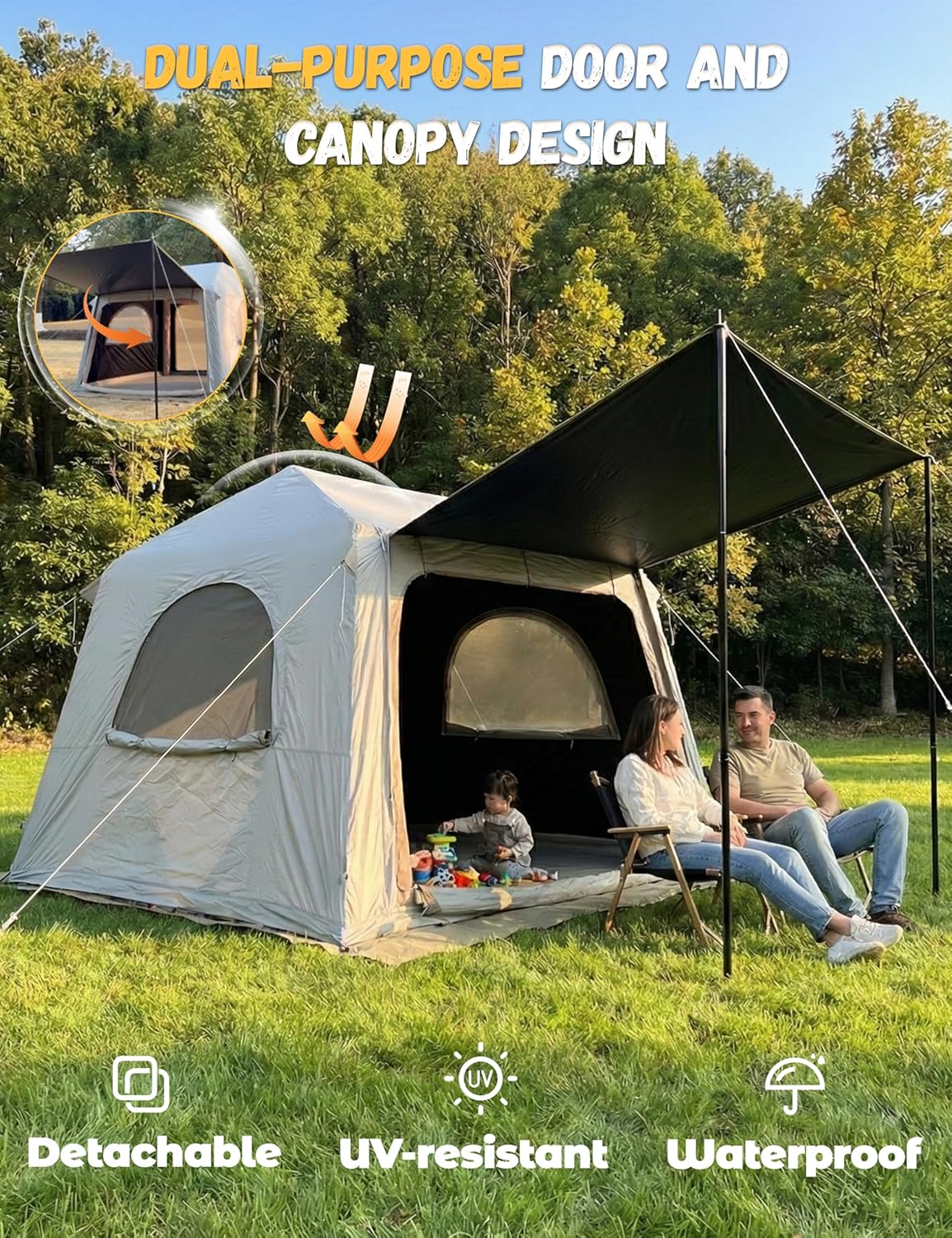 Blackout Inflatable Camping Tent with Awning, Waterproof Oxford Fabric Air Tent, Quick Setup Blow Up Tent with Hand Pump, 4 Person 4-Season Tent with 3x3M Ground Tarp for Camping Glamping