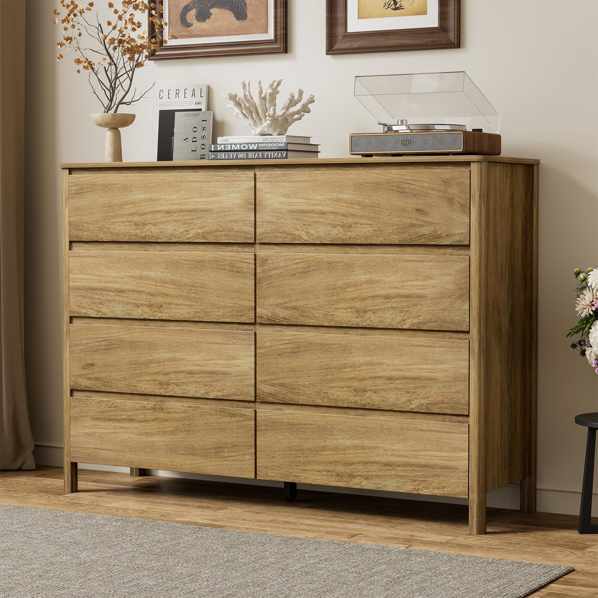 Furniway 55" Wide 8 Drawer Wood Dresser for Bedroom with Legs, Natural Oak